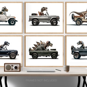 Blue Dino Driving 1970s Midnight Blue Scout, Art Print, Dino Drivin Room Decor, Dinosaur Art, unframed print or canvas image 7