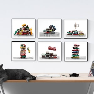 Stacked Car Wall Art, Set of 6 toy car prints, Monster Trucks, Cars and truck art, Transportation kids room decor