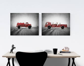 Vintage Fireman Watering Truck and Fire Engine Prints, Set of Two Stretched Canvas Prints, Boys Room decor, Boys Nursery Art