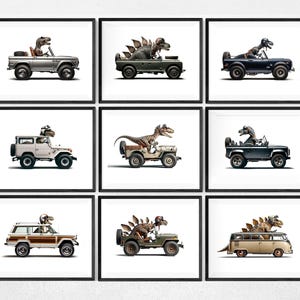 Dinosaur Art Prints, Dinos Driving Trucks, Nursery Decor Set of 9