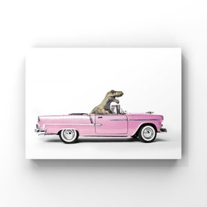 Tyrannosaurus Driving 55 Chevy Bel Air convertible, Photo Print, Boys Room Decor, Dinosaur Art, unframed print or canvas Pink