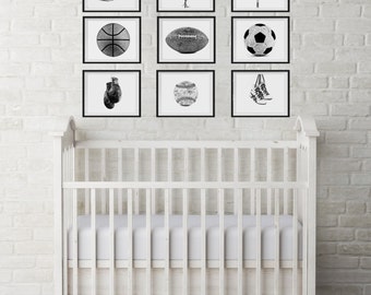 The Sports Collection On White Background, Set of Nine UNFRAMED prints, Sports Nursery, Vintage Sports Decor, Sports Room, Sports Wall Art