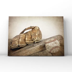 Vintage Baseball wall art- baseball bedroom decor- Baseball, bat and glove photo print or canvas art