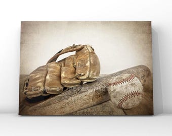 Vintage Baseball Glove, Bat and Ball Photo Print or Canvas
