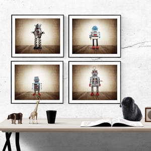 Set of Four Retro Robot Photo Art Prints, Wall Art for Kids Room, Vintage Space Decor, Sci Fi Art