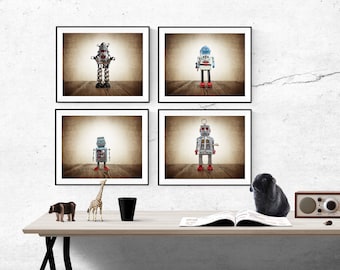 Set of Four Retro Robot Photo Art Prints, Wall Art for Kids Room, Vintage Space Decor, Sci Fi Art