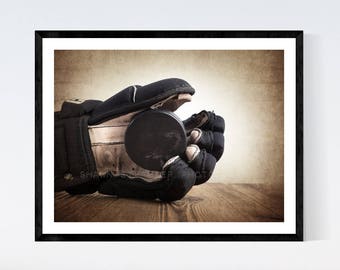 Nice Catch Hockey Black Glove and Puck on Wood Photo Photo art Print, Boys Room decor, Boys Nursery Ideas, Sports art, Sport Prints, Man Cav