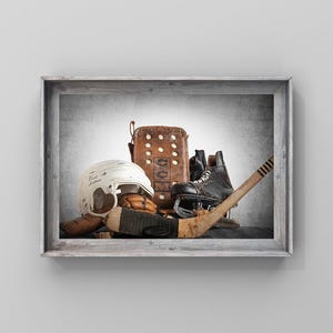 Vintage Hockey Gear on Wood Photo Photo art Print, Boys Room decor, Boys Nursery Ideas, Sports art, Sport Prints, Man Cav