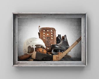 Vintage Hockey Gear Photo Art Print, Boys Room Decor