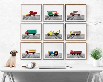 Vintage Matchbox Work Trucks, Set of Nine Photo prints, Nursery Decor, Rustic Decor Toy Cars, Baby room ideas, Boys Room Decor,