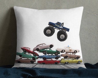 Monster Truck Jumping Cars Pillow