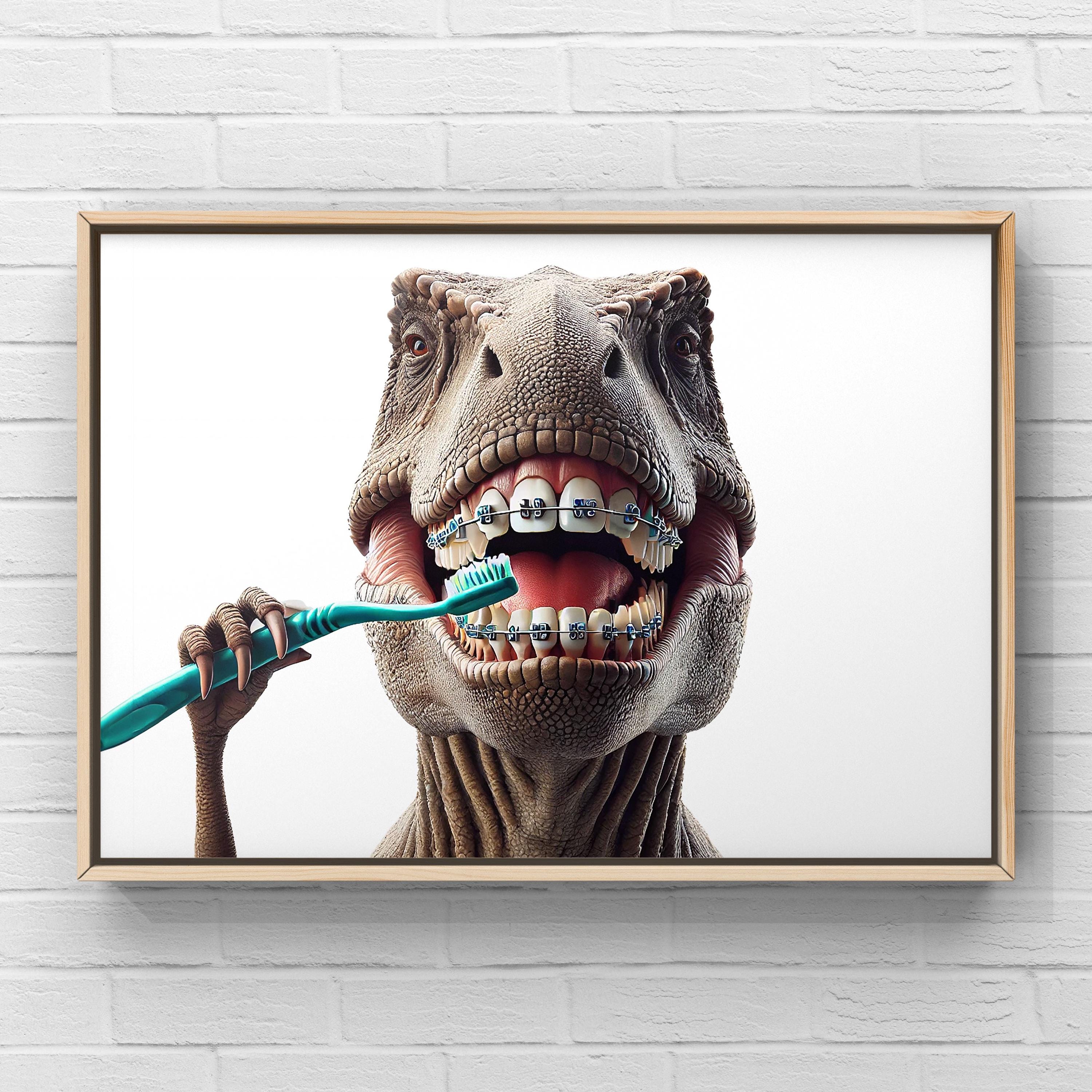 T-Rex with braces brushing teeth, unframed print or canvas, Dino Bathroom, Brush your teeth, Kids bathroom art, Orthodontist gift,