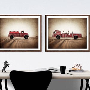 Firetruck Wall art set, Vintage Fireman Watering Truck and Fire Engine on Wood Set of Two Photo Prints, Boys Room decor, Boys Nursery Art Vintage Brown