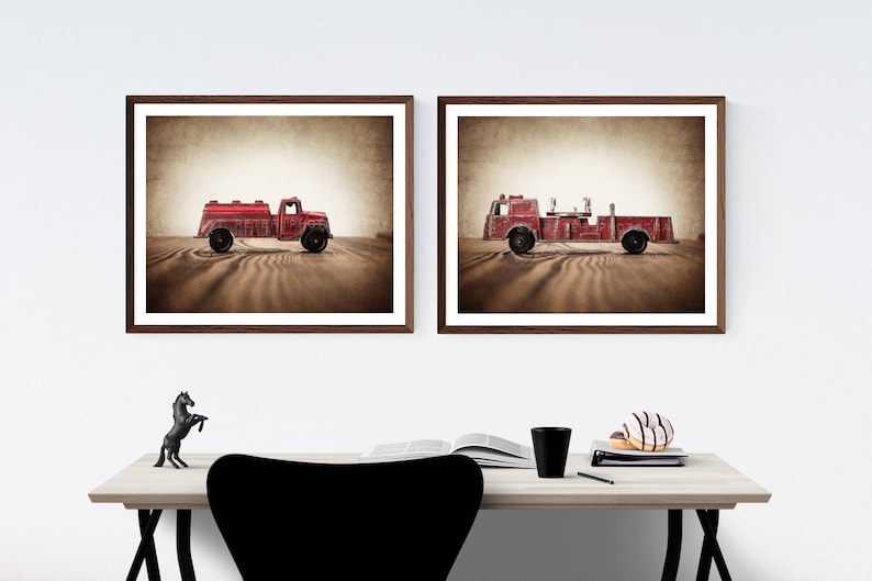 Firetruck Wall art set, Vintage Fireman Watering Truck and Fire Engine on Wood Set of Two Photo Prints, Boys Room decor, Boys Nursery Art Vintage Brown