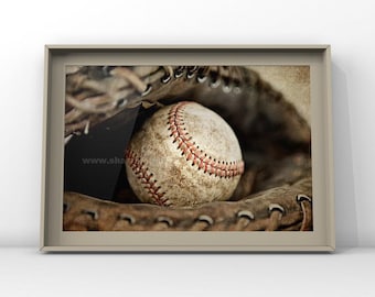 Vintage Baseball in Catcher's Mitt Photo Print, Sports Art