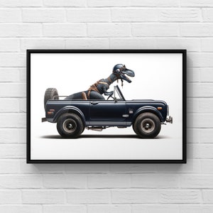 Blue Dino Driving 1970s Midnight Blue Scout, Art Print, Dino Drivin Room Decor, Dinosaur Art, unframed print or canvas image 3