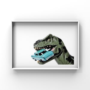 Tyrannosaurus Car Chomp, Dinosaur, Photo Print, Boys Room Decor, Dinosaur Art, Dino eating car print or canvas image 3