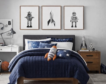 Retro Robot Rocket Print Set, Outer Space Nursery Decor Set of 3