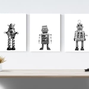 Set of 3 Retro Robots Space Themed Wall Art, Prints or canvas,  outer space kids room prints