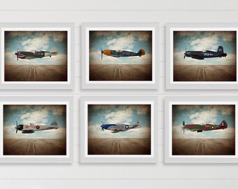 WWII Airplane Photo Prints, Vintage Aviation Wall Art, Set of 6