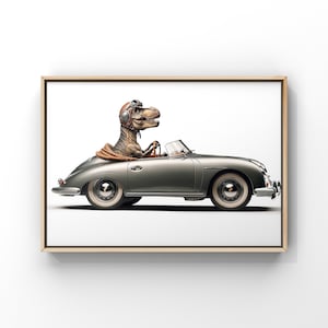 T-Rex Driving Vintage 1950s Porsche, Photo Print, Boys Room Decor Dinosaur Art, unframed print or canvas