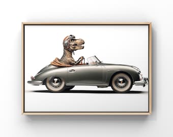 T-Rex Driving Vintage 1950s Porsche, Photo Print, Boys Room Decor Dinosaur Art, unframed print or canvas