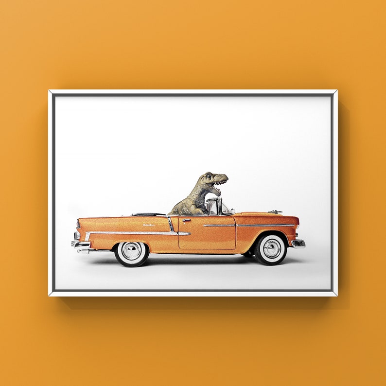 Tyrannosaurus Driving 55 Chevy Bel Air convertible, Photo Print, Boys Room Decor, Dinosaur Art, unframed print or canvas Orange