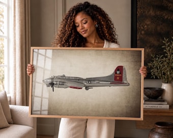 May include: A framed horizontal print featuring a side profile of a silver B-17 Flying Fortress aircraft. The plane has a red tail fin with the letter W, the number 2102518, and the letter H. The background is a textured, muted beige color.