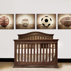 Vintage Football, Baseball, Soccer and Basektball, Set of Four Sports Balls on Barn Wood Photo Prints,Vintage Sports Nursery image 1