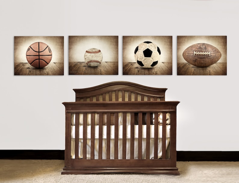 Vintage Football, Baseball, Soccer and Basektball, Set of Four Sports Balls on Barn Wood Photo Prints,Vintage Sports Nursery image 1