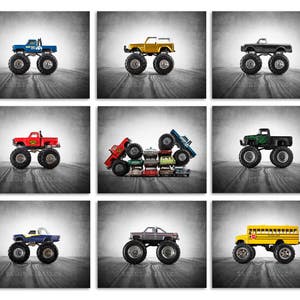 Vintage Monster Trucks, Set of Nine  prints, Nursery Decor, Rustic Decor Toy Cars, Baby room ideas, Boys Room Decor,