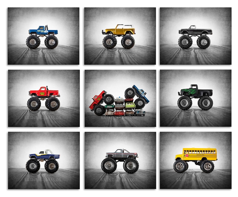 Vintage Monster Trucks, Set of Nine prints, Nursery Decor, Rustic Decor Toy Cars, Baby room ideas, Boys Room Decor, Vintage Grey