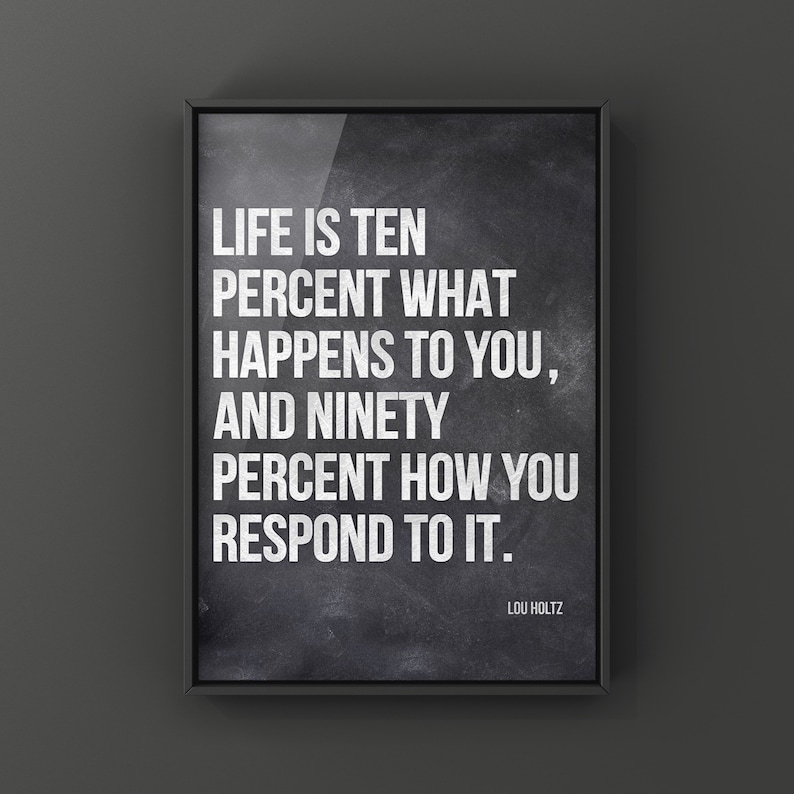 Lou Holz Quote, Life is 10 Percent what happens to you and 90 Percent how you respond, Canvas or Unframed Print Sports Quotes White on Blacklboard