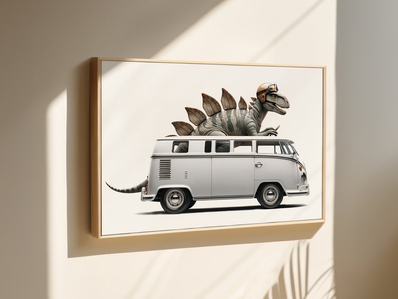 Stegosaraus Driving 1960s White VW Bus, Art Print, Dino Drivin Room Decor, Dinosaur Art, unframed print or canvas image 3