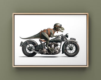 Dino chevauchant une Harley verte des années 1940, impression photo, décoration de chambre de garçons, art dinosaure, impression sans cadre ou toile