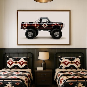 May include: A framed print of a black truck with a red and white geometric pattern. The truck is the focal point, above two twin beds with matching bedding and pillows. The room has a rustic, southwestern theme.