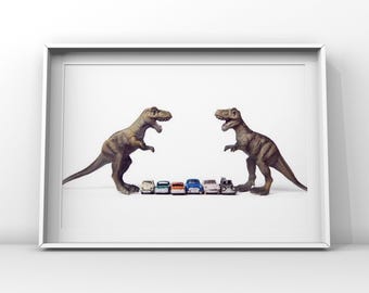 T-Rex Car face off, Dinosaur, Photo Print, Boys Room Decor, Dinosaur Art, Dinos and cars, print or canvas