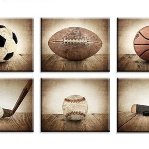 Vintage Sport Prints, Color Balls on Vintage Background Set of 6 Stretched Canvases Ready to Hang , Sports Decor, B Vintage Brown