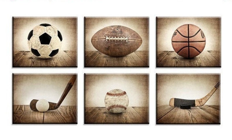 Vintage Sport Prints, Color Balls on Vintage Background Set of 6 Stretched Canvases Ready to Hang , Sports Decor, B Vintage Brown