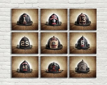 Vintage Fireman Helmets, Print Set of Nine Photo prints, Fireman Gifts
