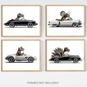 Set of Four Dinos in Cars, Photo Prints, Dino Nursery Decor, Dinosaurs in cars Wall art,