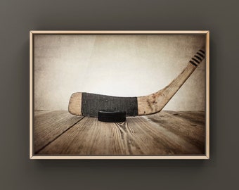 Vintage Hockey Stick and Puck on wall art, Ice hockey wall art, hockey prints, hockey decor