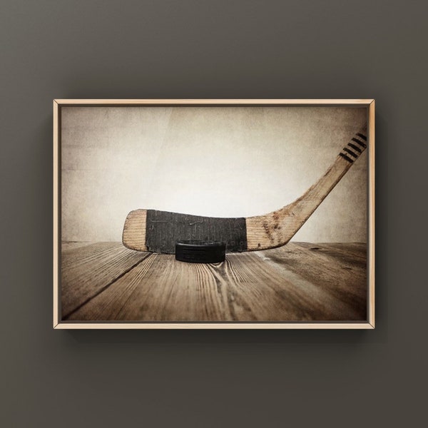 Vintage Hockey Stick and Puck on wall art, Ice hockey wall art, hockey prints, hockey decor