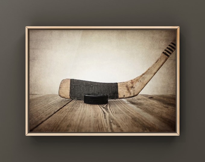 Vintage Hockey Stick and Puck Art Print, Distressed Style
