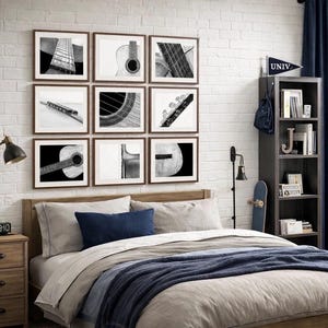 Vintage Acoustic Guitar Canvas Print Set of 9, Black and White Music Decor image 2