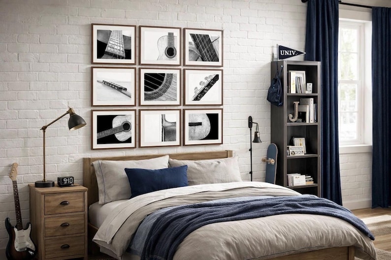 Vintage Acoustic Guitar Canvas Print Set of 9, Black and White Music Decor image 2
