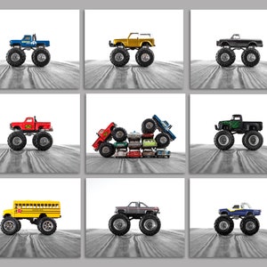 Vintage Monster Trucks, Set of Nine prints, Nursery Decor, Rustic Decor Toy Cars, Baby room ideas, Boys Room Decor, Clean White and Grey