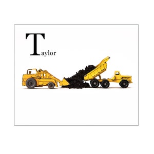 Personalized Vintage Toy BullDozer and Dumptruck with Dirt on White, Photo Print, Boys Room decor, Construction, Boys Nursery Ar image 1