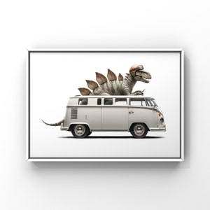 Stegosaraus Driving 1960s White VW Bus, Art Print, Dino Drivin Room Decor, Dinosaur Art, unframed print or canvas image 7