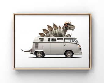 Stegosaraus Driving 1960s White VW Bus, Art Print, Dino Drivin Room Decor, Dinosaur Art, unframed print or canvas